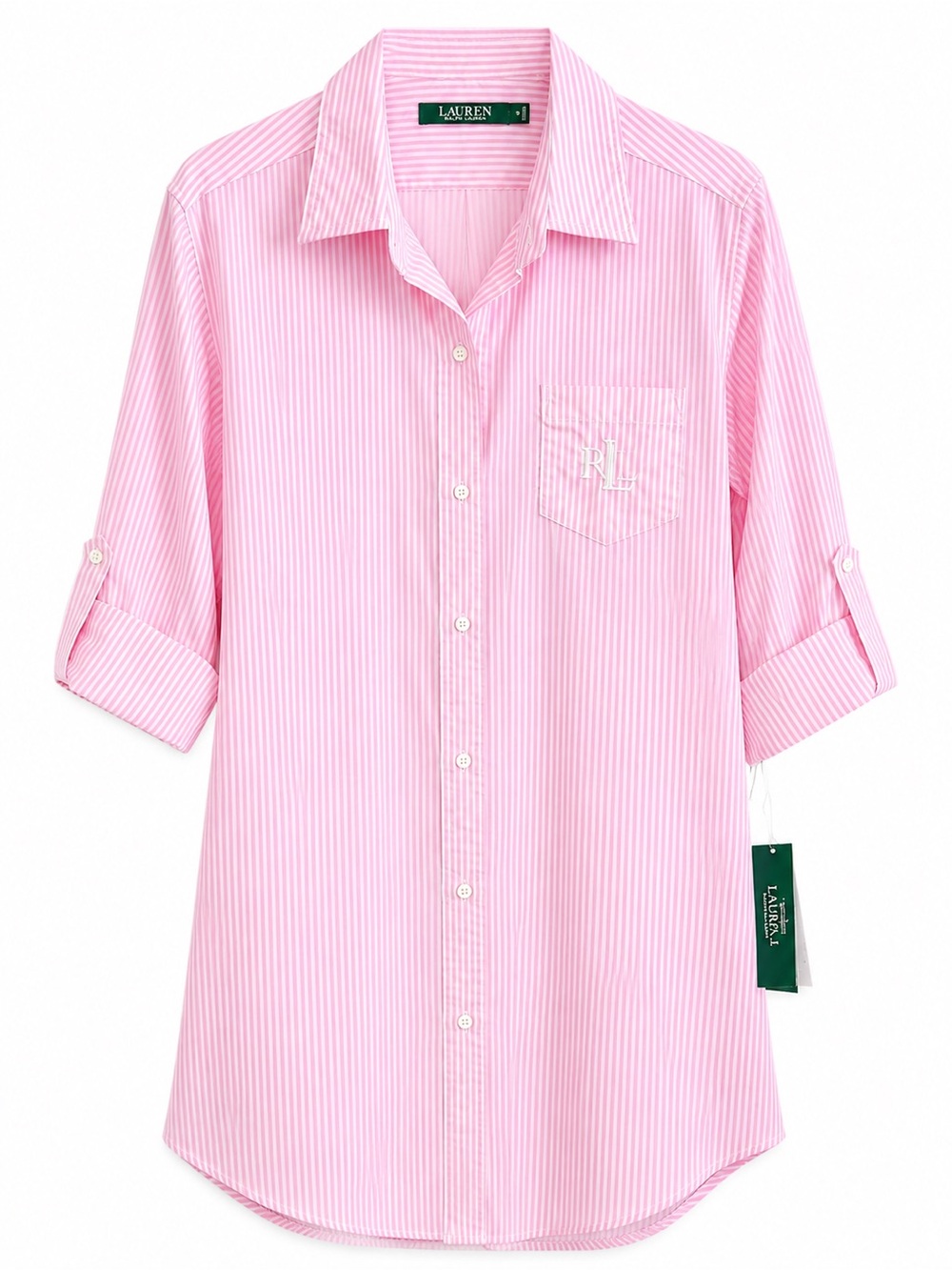 Lauren Ralph Lauren NWT Pink Stripe Roll Tab His SleepShirt Long Sleeve Sz S